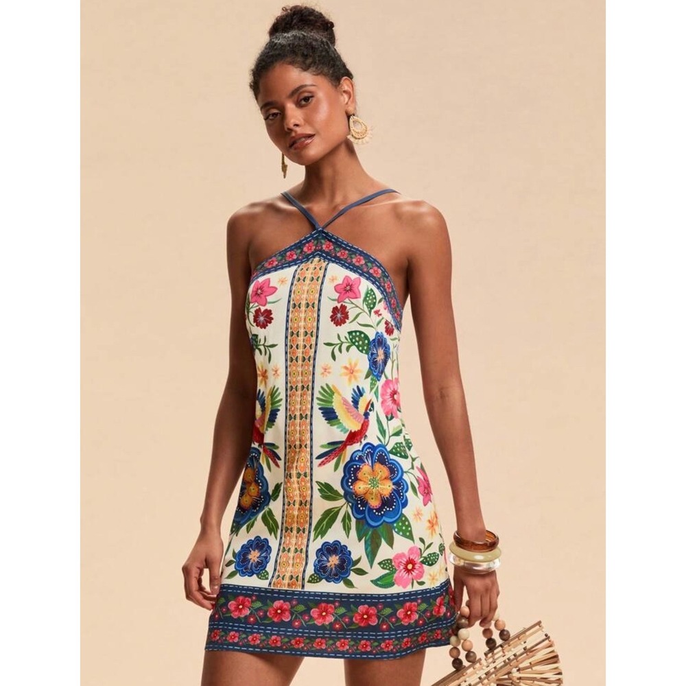 Tropical Vibes White Multi Floral Parrot Halter Mini Dress Large